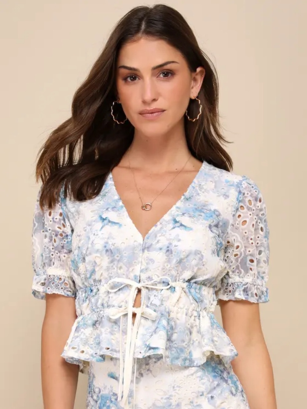 Lulu’s Positively Beloved Ivory Blue Floral Embroidered Tie-Front Top Medium